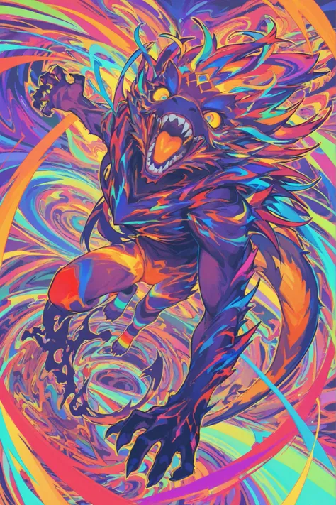 psychedelic dmt experience, pixar-style, Giant monster roaring in fury, One foot propped, Rainbow strip socks, pixel art, gorgeous,写真のような品質, 高解像度, サイケデリック世界, 変異生物, 万華鏡効果, 無限に広がるパターン, 瞬きする複数の目, 虹色に輝く表皮, 形状を変える姿, 神経系のような分岐, 発光する体液, 異次元からの来訪者, 現実と非現実の境界, 幻覚的な...