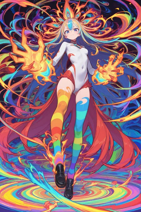 psychedelic dmt experience, pixar-style, Giant monster roaring in fury, One foot propped, Rainbow strip socks, pixel art, gorgeous,最上級品質, 幻想的, 4K画質, 意識拡張トリップ, 非ユークリッド的生命体, カラフルな幻覚, 対称性と非対称性の混在, 無数の顔を持つ存在, 波打つ形態, 液体と固体の中間状態, 時間の流れの歪み, 音が見える世界, 感覚の交差, 精神世界の具...