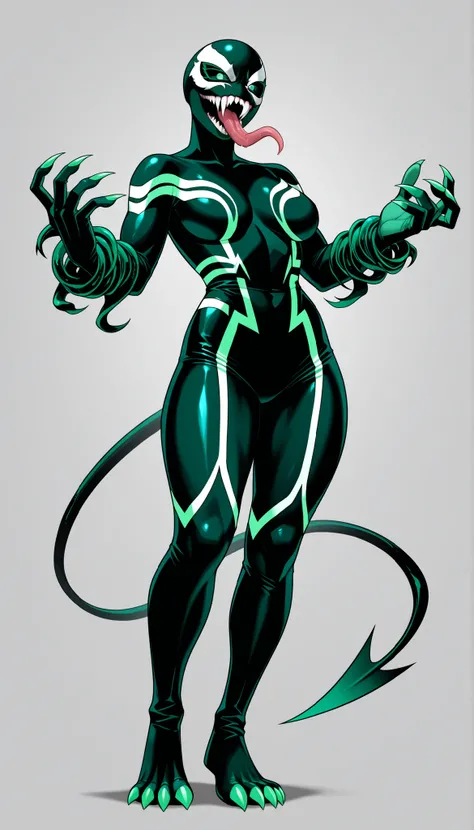 ((Highest Quality)), ((Simple light grey background)), (My Hero Academia Style), 1female, female, medium Breast, thighs, hips, thick shins, solo, Athletic body, tall, standing, (Full Body), Bald, half-closed eyes, Neon green eyes, pale skin, neon green nai...