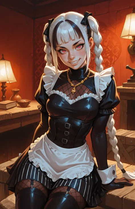 She looks like Elena from Street Fighter and has a horizontal scar across her nose. Inca girl with white and dark hair, deep red-coloured eyes, slanted Asian eyes, small sharp canine teeth, black eyeliner, athletic body and soft abs. Slender and athletic. ...