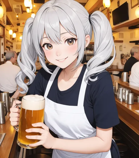 long silver hair、beautiful girl with twin tails、Smile Yan、Tavern waitress、close-up、bright interior、is carrying beer mugs、There are a lot of customers