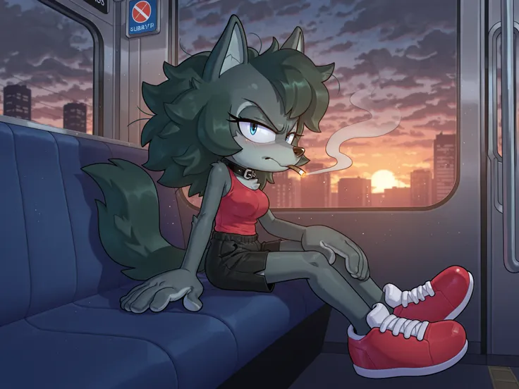 masterpiece, best quality, amazing quality, ultra-detailed, very aesthetic, high resolution, absurdres perfect hands, furry, anthro, detailed_eyes BREAK { 1girl, solo, source furry, furry, wolf, blue eyes, grayish_green_fur, gray_body_fur, two tone body, d...