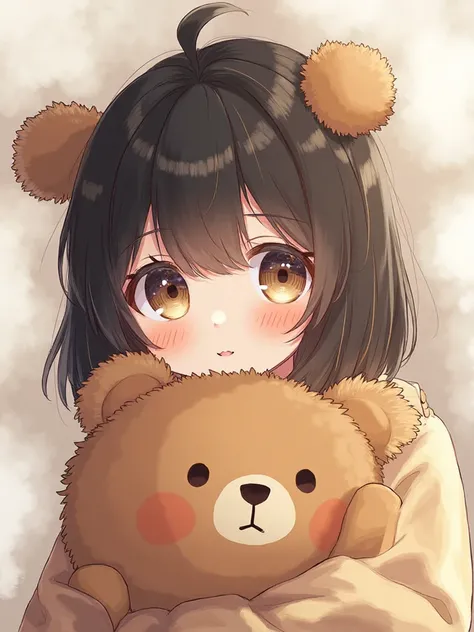 holds a stuffed bear on the shoulder for the、The face is beautifully finished in an anime style。hairstyle with a gradation of black and brown、so damn hair。icon、The brown bear🍓、薄紫のくまが🍷を持っています。a simple bear face body paint applied to the face。The background ...