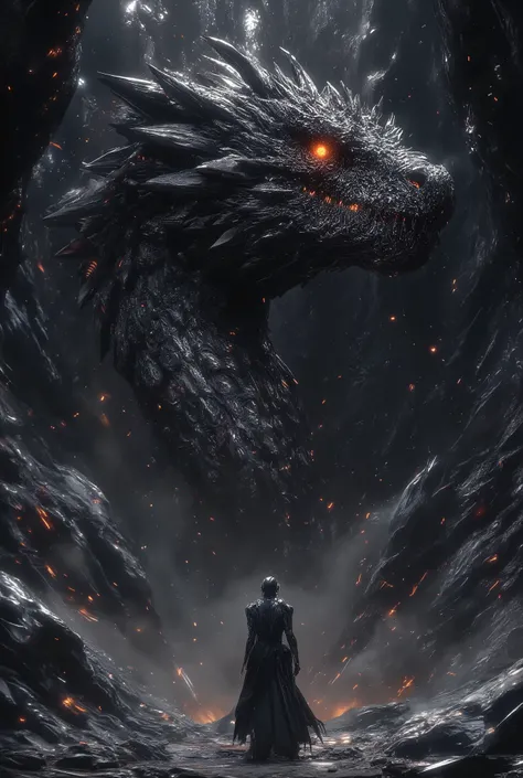 ((Ultra-cinematic, IMAX framing, high-detail)) Deep within a colossal cavern, a mountain rumbles as cracks of molten light split across ancient stone. Camera pans upward — from trembling stalagmites to a dragon’s eye opening, glowing like a dying sun. Dust...