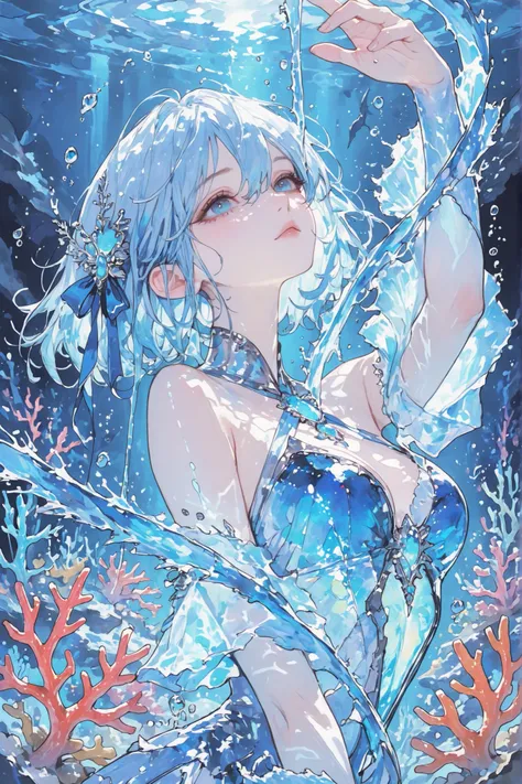 1girl, ((upper body:1.4))、gem, beautiful blue hair, with ribbons in their hair,deep blue eyes, dance, water bender, she rules the water, Creates glowing water swirls in the background , , fantasy underwater background, fantastic underwater creatures in t...