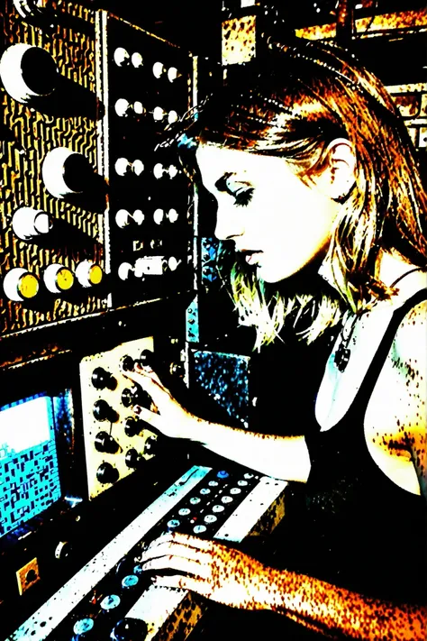 found footage, analog film noise,
a sexy young woman is programming a rusty old machine with knobs and switches and glowing electronics