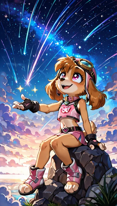 score_9, score_8_up, score_8, source_cartoon, source_furry, 1girl, solo, Skye(PP), dog, anthro, dog, furry, Cockapoo, pink eyes, golden-brown body fur, golden-brown hair, cute face, 4 fingers, ((goggles, pink pilot hat, Skye collar, pink top, midriff, pink...