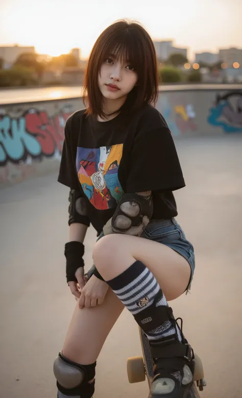 RAW photo, masterpiece, best quality, ultra highres, ultra-detailed, photorealistic, professional photography, cute skateboarder girl with shoulder-length wavy hair, wearing casual streetwear outfit with oversized graphic t-shirt, high-waisted shorts, stri...