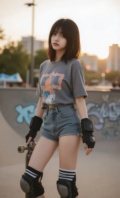 RAW photo, masterpiece, best quality, ultra highres, ultra-detailed, photorealistic, professional photography, cute skateboarder girl with shoulder-length wavy hair, wearing casual streetwear outfit with oversized graphic t-shirt, high-waisted shorts, stri...
