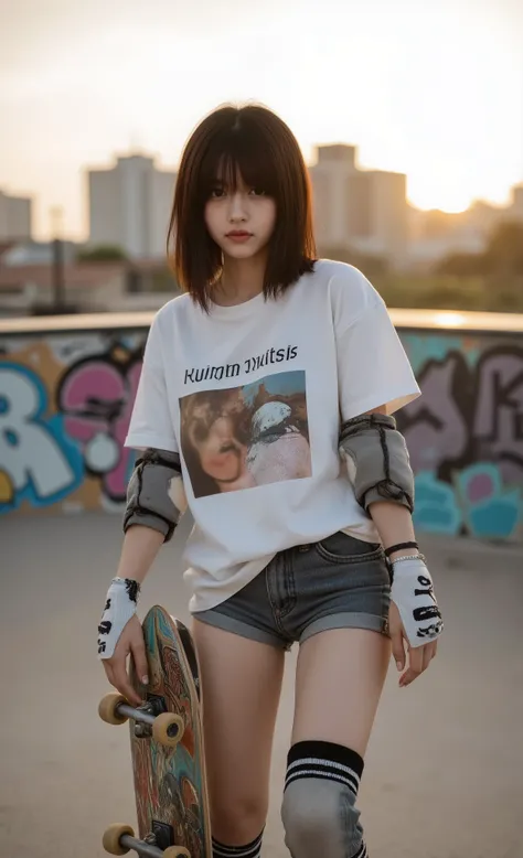 RAW photo, masterpiece, best quality, ultra highres, ultra-detailed, photorealistic, professional photography, cute skateboarder girl with shoulder-length wavy hair, wearing casual streetwear outfit with oversized graphic t-shirt, high-waisted shorts, stri...