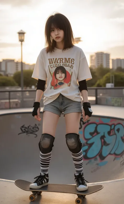 RAW photo, masterpiece, best quality, ultra highres, ultra-detailed, photorealistic, professional photography, cute skateboarder girl with shoulder-length wavy hair, wearing casual streetwear outfit with oversized graphic t-shirt, high-waisted shorts, stri...
