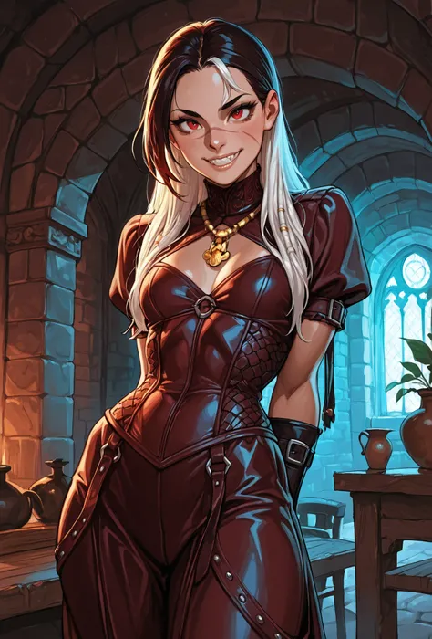 She looks like Elena from Street Fighter and has a horizontal scar across her nose. Inca girl with white and dark dreadlocks, deep red-coloured eyes, slanted Asian eyes, small sharp canine teeth, black eyeliner, athletic body and soft abs. Slender and athl...