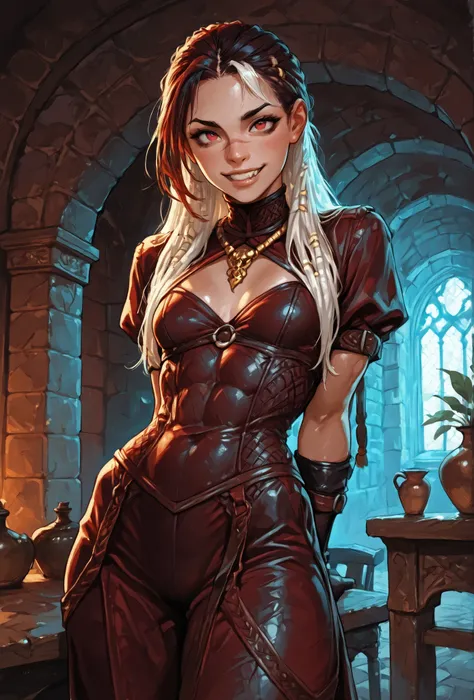 She looks like Elena from Street Fighter and has a horizontal scar across her nose. Inca girl with white and dark dreadlocks, deep red-coloured eyes, slanted Asian eyes, small sharp canine teeth, black eyeliner, athletic body and soft abs. Slender and athl...