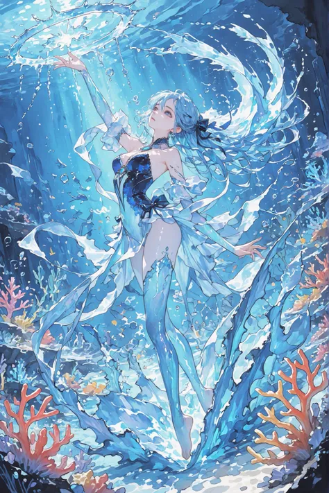 1girl, ((1/2body:1.4))、gem, beautiful blue hair, with ribbons in their hair,deep blue eyes, dance, water bender, she rules the water, Creates glowing water swirls in the background , , fantasy underwater background, fantastic underwater creatures in the ...