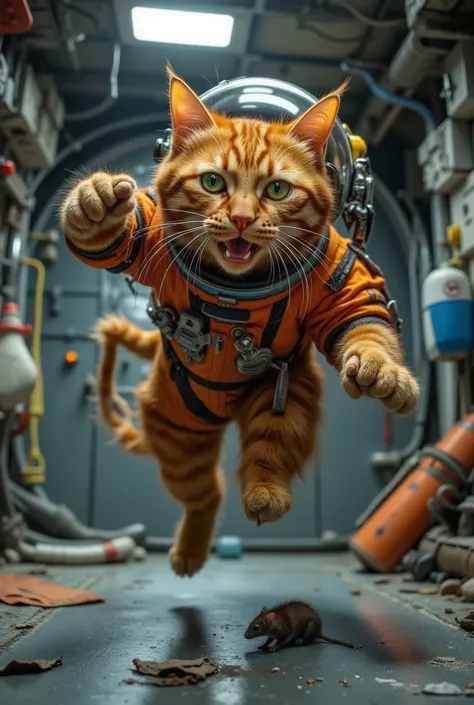 A cheerful red-haired  cat in a spacesuit hovers in zero gravity. He's trying to catch a small, frightened gray mouse. Aboard the space station
