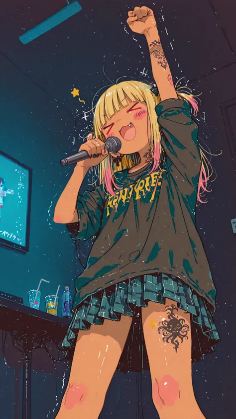 Standing,from below,dynamic angle,One fist raised, dark,Karaoke,Make noise,LOL,xd,mike,sing,high school girl,Blonde,stupid hair,gyaru,emo fashion,(tattoo,太もものtattoo,)