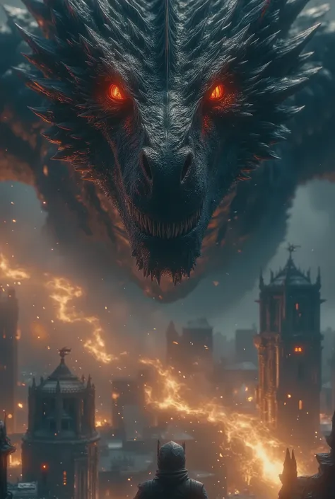 ((Epic war-dragon cinematic)) A black-scaled dragon swoops low over a sprawling medieval capital, unleashing a torrent of fire that consumes towers. Camera tracks behind its wings in a long sweeping aerial, following the firestorm across rooftops. Smoke pl...