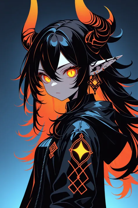 1girl, solo, dark fantasy, high contrast lighting, digital vector illustration,long hair, looking at viewer, bangs, black hair, hair between eyes, neon jewelry, closed mouth, jacket, upper body, multicolored hair, horns, pointy ears, from side, orange eyes...