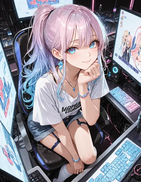masterpiece, Highest Quality, high resolution, Highly Detailed, bright colors, 1girl, cute girl,(Seen from a slightly higher angle:1.3), (Angled Perspective Seen from Above:1.3), (monitor in background:1.2),(Characters Looking Directly at Viewers:1.8), ( e...