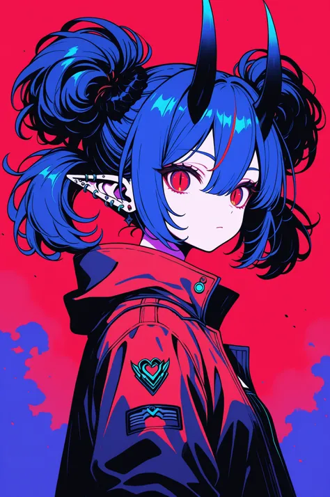 1girl, solo, dark fantasy, high contrast lighting, digital vector illustration, pig_tails hairstyle, looking at viewer, bangs, neon blue hair, hair between eyes, neon jewelry, closed mouth, neon red jacket, upper body, multicolored hair, horns, pointy ears...