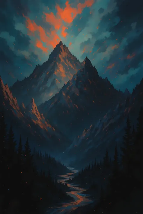 A jagged mountain range under a thunderstorm, with bolts of lightning barely visible behind sweeping swaths of charcoal black and electric blue brushstrokes. The peaks are painted in slanted layers of gray, white, and muted brown, giving them depth and agg...