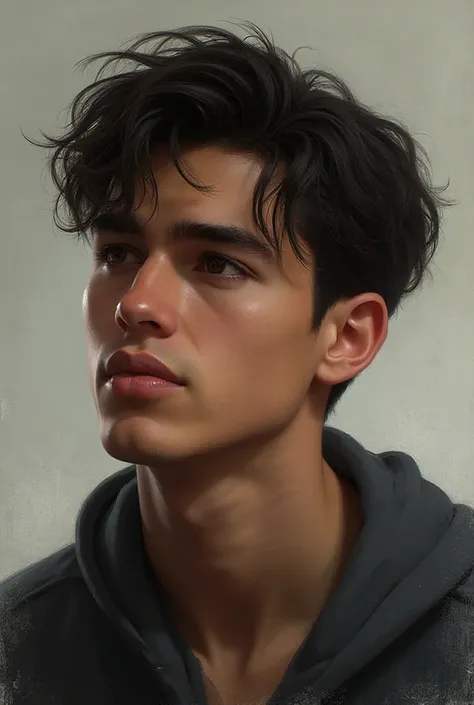 Generate a portrait of a young guy wearing a black t-shirt. thoughtful look. when choosing