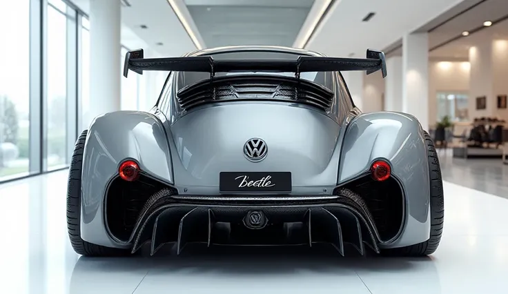 This Model. Design  full (back) car ,(back) view of a ultra luxurious 2026 (Volkswagen beetle) hwith a polished (shiny grey) and siny exterior finish, back ultra widest body kit imaginable. Logo Of '(Volkswagen ).Licence plate with the name of '(beetle)' T...