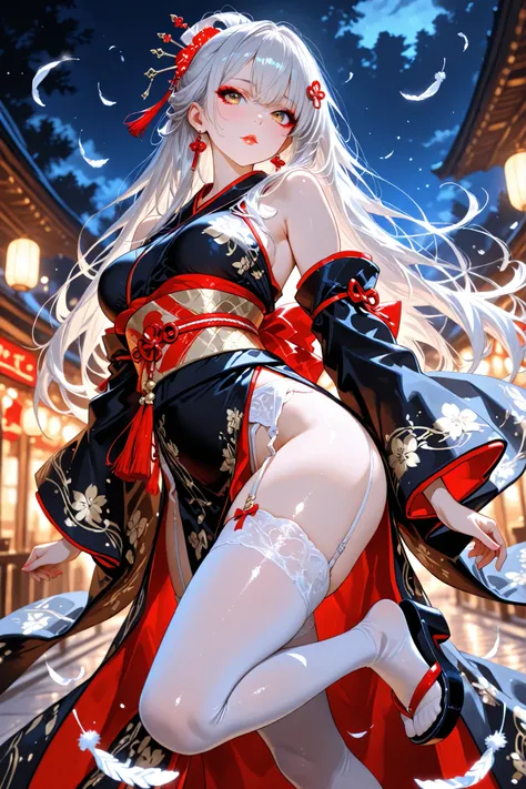 ((Highest Quality)), ((masterpiece)), (details),gradation, Blurry,,HDR, dynamic lighting by girls, bright entertainment district store street,, Slim,tall,Big shiny golden eyes,medium breasts,Makeup,let go of her lips,silver hair gathered behind,hairpin,lot...