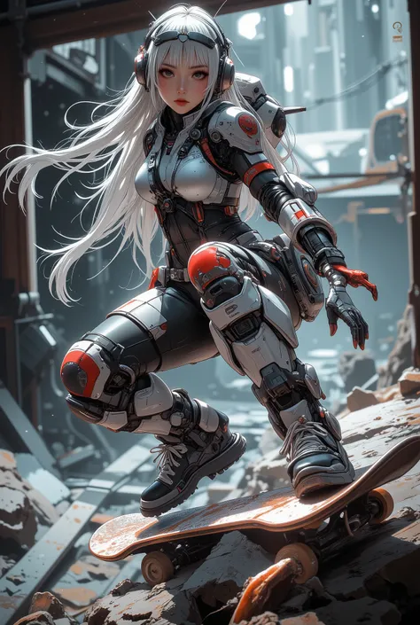 hallucinogenic efect white ,oren,black,red, landasan helikopter militer co pilot, a girl in Mecha costume , cybord , beautiful long hair losse advance digital, she is doing various professional skateboarding poses, looking at viewer,
