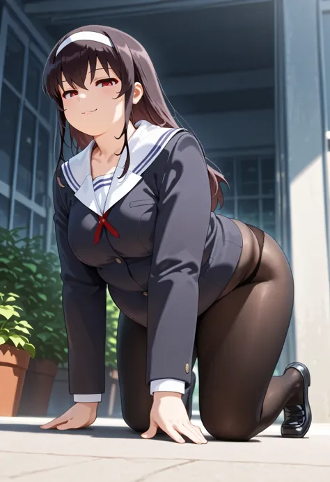 obese,fat,plump,WeightObese,masterpiece, best quality, very aesthetic, 1girl,utaha black hair, long hair, white hairband, red eyes medium breasts, black pantyhose, low angle, seductive smile, school uniform, show panties, looking at viewer, black laofers:1...