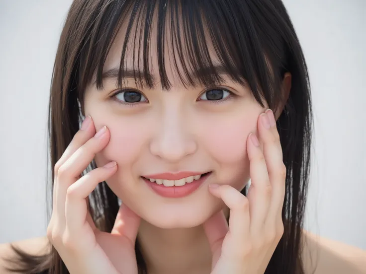 (Refined from an old photo, recreated in a modern, ultra high-quality photorealistic style, with a trendy Reiwa-era hairstyle: soft semi-long hair with natural waves and airy see-through bangs),
Ultra photorealistic close-up portrait of a beautiful Japan...