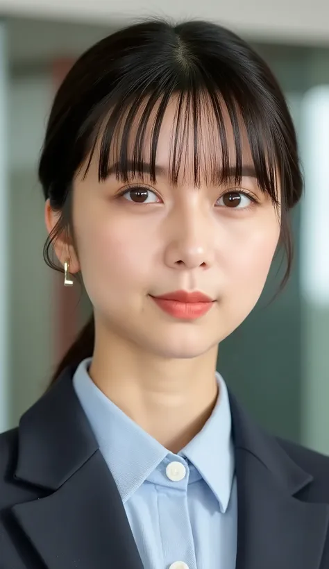 Neat Young Woman、looking at the camera、office lady suit、jacket、shirt、耳にピアス、、無表情、、face close-up、The background is office
