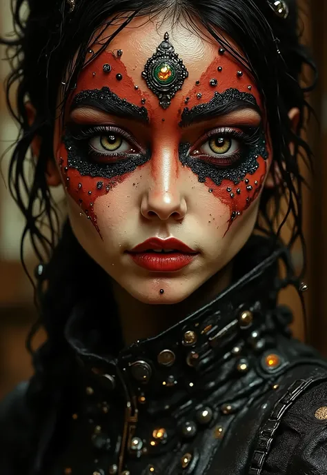 This image shows a spectacular and bright woman close-up with an elaborate and artistic makeup design. In the center of the image is the face, , which is whimsically decorated in bold, spectacular colors and textures. Makeup is mostly black and dark red, ,...