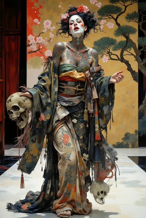 The scene is a stylized theatrical set in the style of Kabuki. The Tattooed Diva is frozen in a dynamic, sculptural pose (a mie) on the smooth, polished hanamichi runway. Her face is covered in thick white makeup (oshiroi), with her features accentuated by...