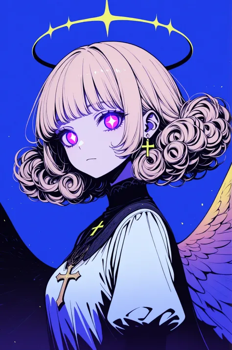 1girl, solo, dark fantasy, high contrast lighting, digital vector illustration, curly hairstyle, looking at viewer, bangs, light blonde hair, halo, diamond jewelry, doves, closed mouth,cross decor, upper body, wings, from side, neon white eyes, glowing, gl...