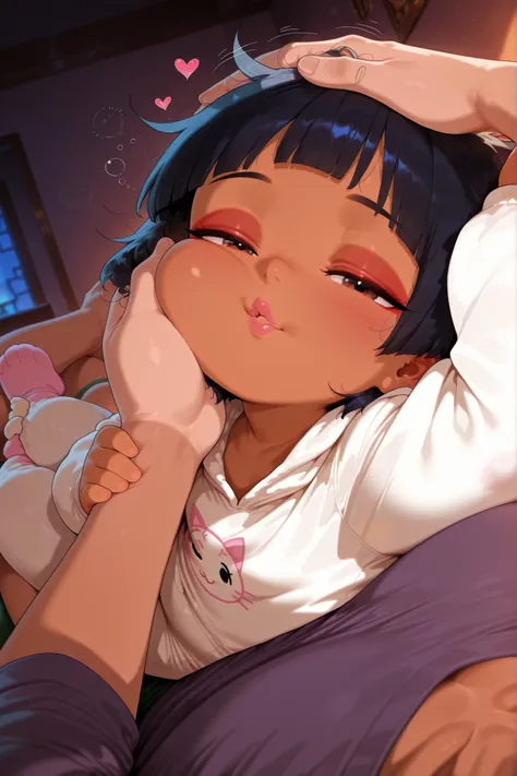 Toddler on side, lying, from side, resting head, sleepy face, happy, lips, chel from the road to el dorado movie, cat cosplay, resting on chest, lean back, looking at viewer, head on pov chest, snuggle, flirt, romantic atmosphere, happy, hearts, cozy, male...