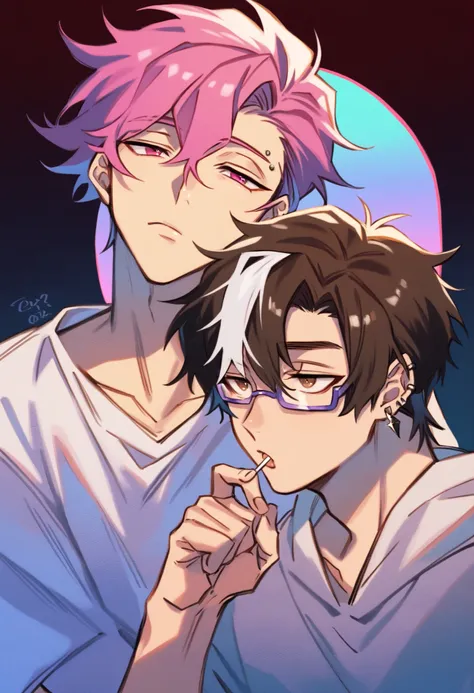 2 boys together, couple. 
First boy: a young man with medium pink hair and some white highlights, UP TO THE NECK, piercings na orelha, hot pink eyes, short clothing. the pink, red and orange are colors present in her sexy and short outfit, next to a pair o...