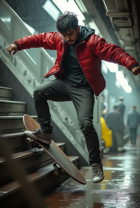A wide-angle shot of a daring skateboarder in a red leather jacket performing a trick (kickflip) on the stairs in the subway. High-key dynamic shot, blurred background, raindrops frozen in the air, determined facial expression. Photorealistic, high detail