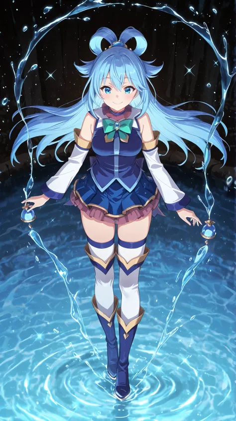 Smile Yan, is wearing water,Manipulating the flow of water,blue skirt, blue shirt, thighhighs, bare shoulders, detached sleeves, white thighhighs, green bow,blue boots,blue shirt, purple collar, bare shoulders, sleeveless shirt, separated sleeves, white sl...