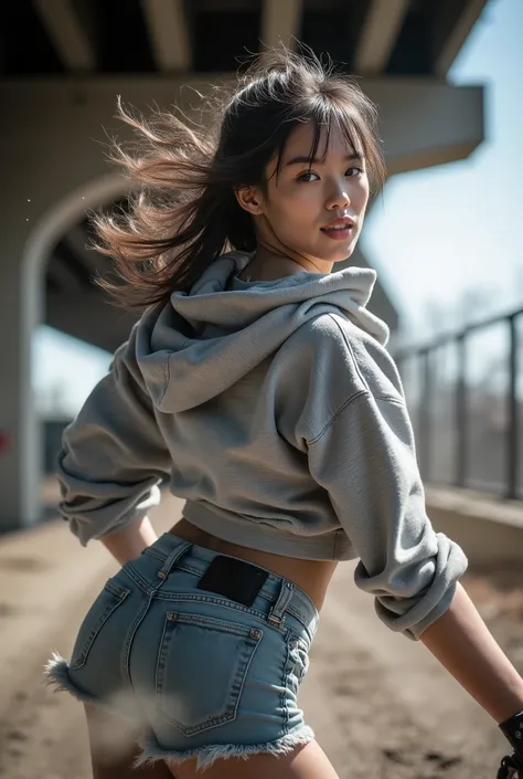 dynamic shot, close-up, a bold female skateboarder looking at the camera with a confident smirk, motion blur in the background, hair flowing in the wind, urban environment under a bridge, dust and gravel, hyperrealism, gritty texture, sense of speed, hand-...
