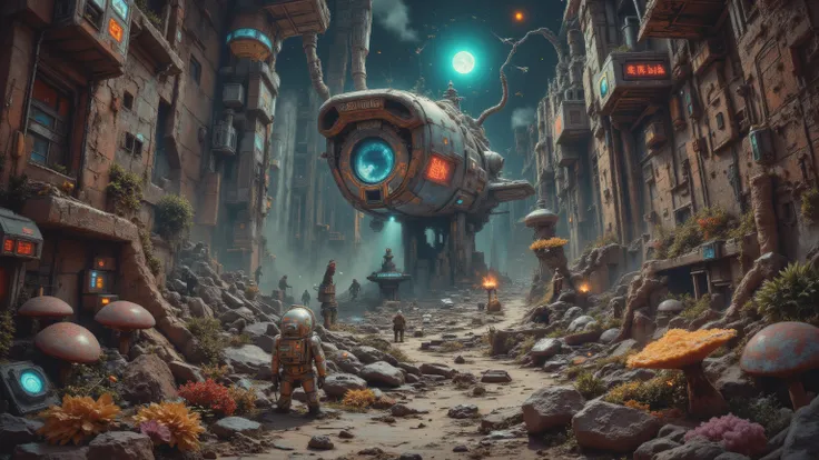 Retro vintage sci-fi illustration, a spaceship landed in the middle of a surreal jungle, giant cables growing like trees with glowing roots, astronauts in old-fashioned space suits exploring, neon fungi projecting holographic memories, insects with fractal...