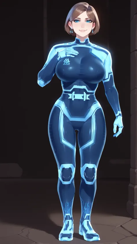 TheWeapon,UNSC bodysuit, demidef, android,  white skin, blue eyes, , , earrings, short hair, brown hair, huge breasts,  HazeltheBuster_WDE, high cheekbones, miniskirt, gentle smile, hologram lines, slender waist, rank insignia, shoulder rank, dark blue top...
