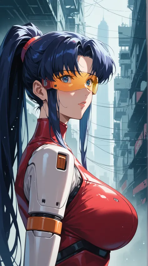 score_9, score_8_up, score_7_up, source_anime, dramatic pose around computer desk, Portrait, sunny day, 1girl, dark blue hair, Long Hair with a High Ponytail,  futuristic suit , cold, looks nervous, A faint blush, Sleek Visor, Metallic Accessories, Dramati...
