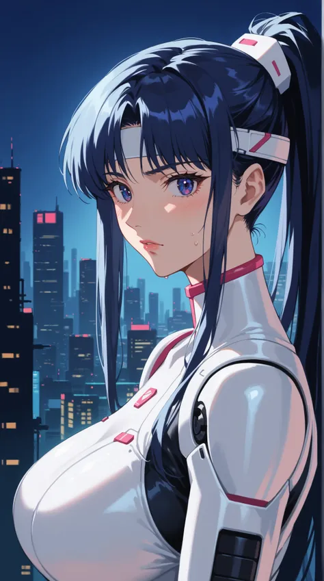 score_9, score_8_up, score_7_up, source_anime, dramatic pose around computer desk, Portrait, sunny day, 1girl, dark blue hair, Long Hair with a High Ponytail,  futuristic suit , cold, looks nervous, A faint blush, Sleek Visor, Metallic Accessories, Dramati...