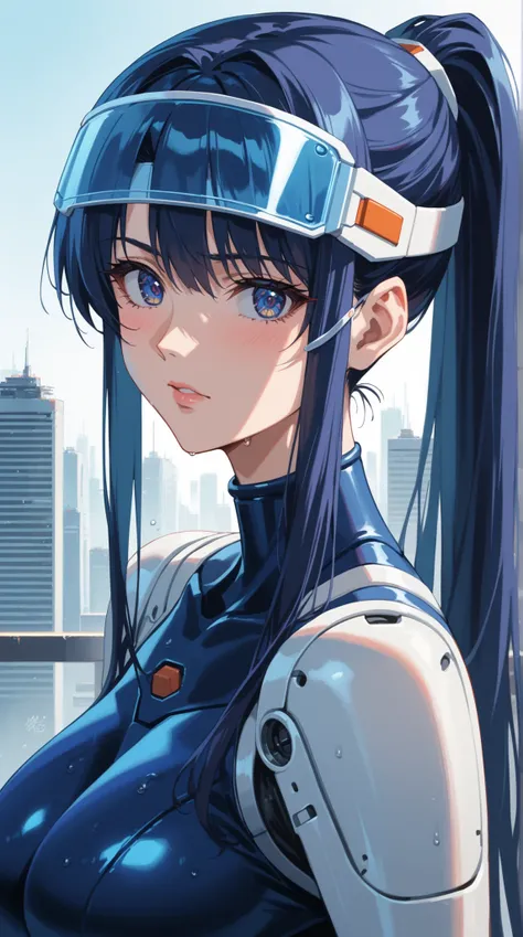 score_9, score_8_up, score_7_up, source_anime, dramatic pose around computer desk, Portrait, sunny day, 1girl, dark blue hair, Long Hair with a High Ponytail,  futuristic suit , cold, looks nervous, A faint blush, Sleek Visor, Metallic Accessories, Dramati...