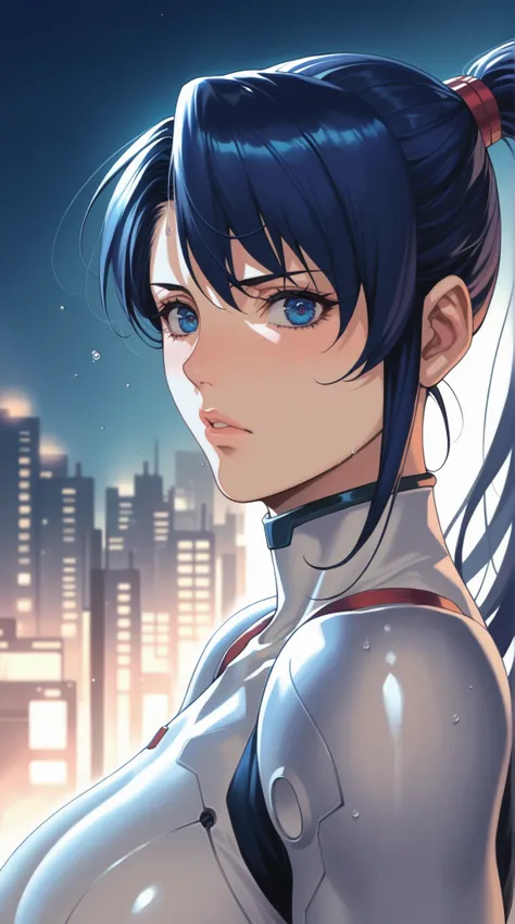 score_9, score_8_up, score_7_up, source_anime, dramatic pose around computer desk, Portrait, sunny day, 1girl, dark blue hair, Long Hair with a High Ponytail,  futuristic suit , cold, looks nervous, A faint blush, Sleek Visor, Metallic Accessories, Dramati...