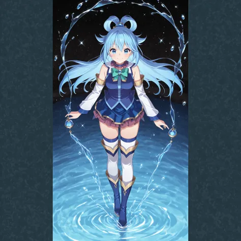 Smile Yan, is wearing water,Manipulating the flow of water,blue skirt, blue shirt, thighhighs, bare shoulders, detached sleeves, white thighhighs, green bow,blue boots,blue shirt, purple collar, bare shoulders, sleeveless shirt, separated sleeves, white sl...