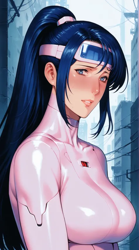 score_9, score_8_up, score_7_up, source_anime, dramatic pose around computer desk, Portrait, sunny day, 1girl, dark blue hair, Long Hair with a High Ponytail,  futuristic suit , cold, looks nervous, A faint blush, Sleek Visor, Metallic Accessories, Dramati...