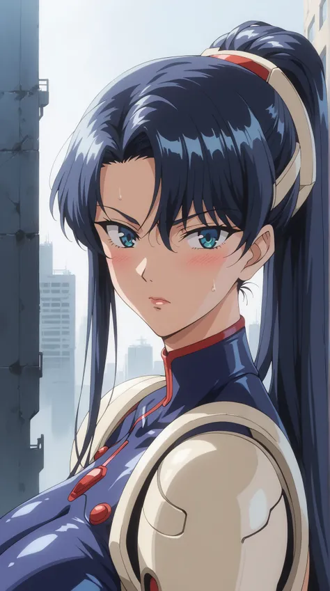 score_9, score_8_up, score_7_up, source_anime, dramatic pose around computer desk, Portrait, sunny day, 1girl, dark blue hair, Long Hair with a High Ponytail,  futuristic suit , cold, looks nervous, A faint blush, Sleek Visor, Metallic Accessories, Dramati...