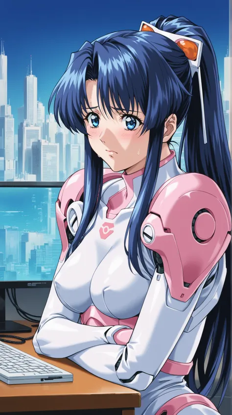 (Yokota Mamoru style),(portrait :1.4),score_9, score_8_up, score_7_up, source_anime, dramatic pose around computer desk, Portrait, sunny day, 1girl, dark blue hair, Long Hair with a High Ponytail,  futuristic suit , cold, looks nervous, A faint blush, Slee...